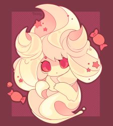  alcremie alcremie_(no_sweet) alcremie_(vanilla_cream) candy commentary creature creatures_(company) english_commentary food full_body game_freak gen_8_pokemon highres jellubean nintendo no_humans pink_eyes pokemon pokemon_(creature) polka_dot polka_dot_background signature solo 