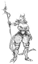 1girl 2b-ge breasts cleavage curvy dragon_girl female_focus furry furry_female holding holding_staff huge_breasts looking_at_viewer monochrome navel solo staff tail thick_thighs thighs white_background wide_hips