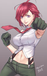 1girl armpits breasts clenched_hand gloves green_pants highres incoming_attack incoming_punch large_breasts lipstick makeup midriff navel necktie pants punching purple_eyes red_hair red_lips red_necktie shirt short_hair sleeveless sleeveless_shirt smile solo suspenders tenjou_tsuki the_king_of_fighters vanessa_(kof) white_shirt rating:Sensitive score:22 user:danbooru