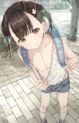  1girl backpack bag black_hair blouse blush brown_eyes bush clothes_pull day downblouse extended_downblouse female_focus flat_chest highres inverted_nipples leaning_to_the_side lens_flare loli looking_at_viewer nipples original outdoors ozzzzy pulled_by_self road shirt shirt_pull short_shorts shorts sidewalk smile socks solo standing twintails  rating:Questionable score:375 user:ponekad