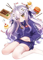  1girl absurdres bento blush breasts burger candy food french_fries gradient_hair grey_hair hair_between_eyes hair_ornament hairpin henya_the_genius highres ichiko_1234 jacket long_bangs long_hair multicolored_hair pocky pudding purple_hair purple_jacket purple_shorts shorts single_thighhigh small_breasts solo thighhighs two_side_up virtual_youtuber vshojo weight_conscious white_thighhighs yellow_eyes zipper zipper_pull_tab  rating:Sensitive score:9 user:danbooru
