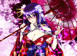  1girl bdsm blush bondage bound breasts chain character_request cleavage collar cuffs cuffs-to-collar female_focus highres japanese_clothes kimono large_breasts long_hair looking_at_viewer original parasol purple_eyes purple_hair shackles solo umbrella  rating:Sensitive score:12 user:z0_0d