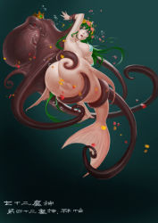 1girl 1other ass bestiality blue_eyes bottomless breasts chinese_text cleft_of_venus crown gradient_background green_hair head_wreath highres imminent_rape kww868 large_breasts long_hair looking_back mermaid monster_girl octopus original pussy simple_background solo_focus tentacles text_focus translation_request uncensored underwater rating:Explicit score:45 user:surveyork