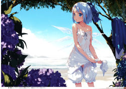 1girl absurdres bare_shoulders bloomers blue_eyes blue_hair blue_sky blush bow camisole cirno unworn_clothes cloud collarbone dappled_sunlight day dress unworn_dress flat_chest flower hair_bow highres hydrangea ice ice_wings ke-ta non-web_source open_clothes rain see-through short_hair sky solo strap_slip sunlight touhou translation_request tree tree_shade underwear water wet wet_clothes white_bloomers wings wringing wringing_clothes rating:Questionable score:37 user:danbooru
