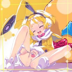  1girl absurdres animal_ears anus blonde_hair blush bow bowtie closed_eyes disgaea earmuffs fake_animal_ears female_focus full_body fur-trimmed_jacket fur-trimmed_sleeves fur_trim highres jacket knee_up loli long_sleeves open_mouth pussy rabbit_ears ribbon scarf shoes short_eyebrows short_hair sitting solo spread_legs spread_pussy tatata thick_eyebrows uncensored usalia_(disgaea) white_footwear white_scarf yellow_jacket  rating:Explicit score:25 user:sytalidis