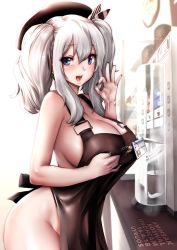 1girl apron backwards_text black_hat blue_eyes breasts cleavage clothes_writing cowboy_shot fellatio_gesture from_side hat highres indoors kantai_collection kashima_(kancolle) large_breasts long_hair looking_at_viewer naked_apron open_mouth silver_hair smile solo souryu standing tagme rating:Questionable score:24 user:danbooru