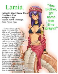 1girl blue_hair blush breasts character_profile hard-translated lamia monster_girl okayado purple_hair scales shoulder_tattoo solo tattoo third-party_edit translated yellow_eyes rating:Questionable score:72 user:danbooru