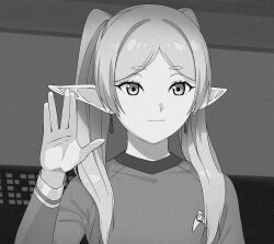  1girl a1_(initial-g) alternate_costume commentary_request cosplay earrings elf frieren greyscale hand_up jewelry monochrome pointy_ears solo sousou_no_frieren spock spock_(cosplay) star_trek twintails upper_body 