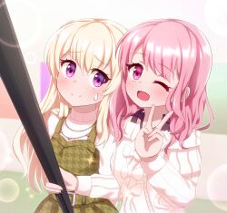  2girls ;d absurdres bang_dream! bare_shoulders blonde_hair blush closed_mouth commentary_request dress green_dress hair_between_eyes hand_up highres holding houndstooth long_hair long_sleeves maruyama_aya multiple_girls off-shoulder_sweater off_shoulder one_eye_closed open_mouth pink_hair print_dress puffy_long_sleeves puffy_sleeves purple_eyes selfie selfie_stick shirasagi_chisato sleeveless sleeveless_dress smile sweat sweater turtleneck turtleneck_sweater v very_long_hair white_sweater yuya090602 