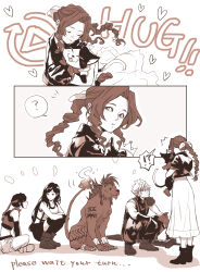  !? 3boys 3girls ? absurdres aerith_gainsborough animal armor baggy_pants bangle bare_shoulders black_bra black_skirt black_thighhighs body_markings boots bra bracelet braid braided_ponytail breasts buster_sword cait_sith_(ff7) cat closed_eyes cloud_strife crop_top cropped_jacket crossed_arms crown demi_co dress english_text facial_mark feather_hair_ornament feathers final_fantasy final_fantasy_vii final_fantasy_vii_rebirth final_fantasy_vii_remake flame-tipped_tail full_body hair_between_eyes hair_ornament hair_ribbon headband highres holding holding_animal holding_cat hug indian_style jewelry long_dress long_hair looking_at_another low-tied_long_hair medium_breasts midriff mini_crown miniskirt multiple_boys multiple_girls pants parted_bangs parted_lips queue red_xiii ribbon scar scar_across_eye sepia short_hair short_shorts short_sleeves shorts shoulder_armor single_bare_shoulder single_braid single_shoulder_pad sitting skirt sleeveless sleeveless_turtleneck smile spiked_hair spoken_question_mark sports_bra squatting standing suspenders swept_bangs thighhighs tifa_lockhart turtleneck two-tone_fur underwear wavy_hair yuffie_kisaragi 