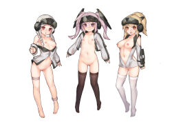  3girls anklet black_thighhighs blonde_hair bottomless braid breasts cleft_of_venus closed_mouth cropped_jacket cv9040 female_focus flat_chest full_body headgear heart heart-shaped_pupils highres jacket jewelry looking_at_viewer medium_breasts multiple_girls naked_jacket navel nipples open_mouth original personification ponytail purple_eyes purple_hair pussy pussy_juice red_eyes simple_background small_breasts standing stmast symbol-shaped_pupils thighhighs thighlet twin_braids twintails white_background white_hair white_thighhighs  rating:Explicit score:48 user:Tokiori
