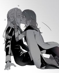  2girls absurdres blush byleth_(female)_(fire_emblem) byleth_(fire_emblem) cape closed_eyes commentary_request dress edelgard_von_hresvelg fire_emblem fire_emblem:_three_houses french_kiss from_side garreg_mach_monastery_uniform gloves greyscale hair_ribbon hand_on_another&#039;s_face heart highres juliet_sleeves kiss kneeling long_hair long_sleeves monochrome multiple_girls nintendo profile puffy_sleeves ribbon sitting sweat toho10min tongue tongue_out yuri 