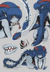  1girl blue_hair breasts character_sheet facial_mark female_focus fish hushabye monster_girl multicolored_hair original partially_submerged pointy_ears red_eyes sharp_teeth tail teeth water  rating:Questionable score:45 user:rowlandt