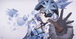  1girl ark_john_up black_gloves blue_hair blurry breasts broken broken_mask brown_gloves cicin_mage_(genshin_impact) cloak collarbone commentary cryo_cicin_mage_(genshin_impact) death depth_of_field diamond_(gemstone) disintegration english_commentary eye_mask fatui foreshortening fur-trimmed_hood fur-trimmed_sleeves fur_cuffs fur_trim genshin_impact gloves gradient_background grey_background hood hooded_cloak ice looking_at_viewer mask messy_hair parted_lips reaching reaching_towards_viewer sad shattered short_hair small_breasts solo upper_body white_background yellow_eyes  rating:Sensitive score:32 user:danbooru