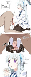 1boy 1girl absurdres bad_id bad_twitter_id blue_archive blue_necktie brown_pantyhose censored closed_eyes clothed_female_nude_male collared_shirt cum cum_on_hands cum_string dot_nose english_text erection grey_hair handjob heart heart_censor hetero highres jacket kumanomi long_hair milking_handjob miniskirt necktie noa_(blue_archive) nude pantyhose parted_lips penis prostate_milking purple_eyes robot_ears sensei_(blue_archive) shirt simple_background sitting skirt smile testicles wariza white_background white_jacket white_shirt white_skirt wing_collar rating:Explicit score:181 user:danbooru