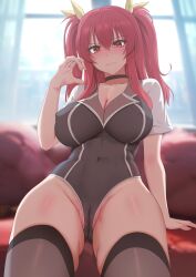  1girl black_choker black_thighhighs breasts cameltoe choker cleavage cleft_of_venus commentary covered_erect_nipples covered_navel ginhaha hair_between_eyes hair_ribbon half-heart_hands highleg highres large_breasts long_hair looking_at_viewer rakudai_kishi_no_cavalry red_eyes red_hair ribbon short_sleeves sitting solo stella_vermillion thighhighs two_side_up  rating:Questionable score:19 user:danbooru
