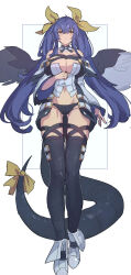  1girl absurdres angel_wings asymmetrical_wings bare_shoulders belt black_panties black_thighhighs blue_hair blush bow breasts cleavage detached_sleeves dizzy_(guilty_gear) full_body gluteal_fold guilty_gear guilty_gear_xrd hair_between_eyes hair_ribbon hair_rings highres huanxiang_huifeng large_breasts long_hair looking_at_viewer mature_female midriff monster_girl navel panties red_eyes ribbon sidelocks standing stomach tail tail_bow tail_ornament tail_ribbon thigh_gap thigh_strap thighhighs twintails underwear white_footwear white_sleeves wings yellow_ribbon  rating:Sensitive score:20 user:danbooru