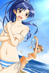 2girls arm_up bad_id bad_pixiv_id beach bikini bird blue_hair blush bra breast_padding breasts brown_eyes brown_hair clothes_theft collarbone covering_breasts covering_privates day dutch_angle embarrassed female_focus futami_ami hair_ribbon idolmaster idolmaster_(classic) kisaragi_chihaya lingerie long_hair looking_back midriff multiple_girls navel nipples open_mouth outdoors panties punto ribbon running sand short_hair side-tie_bikini_bottom side-tie_panties side_ponytail small_breasts smile standing striped_bikini striped_clothes sunlight swimsuit swimsuit_theft tears theft topfreedom topless underwear water rating:Questionable score:42 user:danbooru