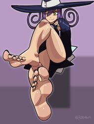  1girl ass barefoot blair_(soul_eater) dress feet hat long_sleeves nail_polish one_eye_closed purple_hair reathroch smirk soles soul_eater toenail_polish toenails toes wink witch_hat yellow_eyes  rating:Questionable score:6 user:TheObscureFave