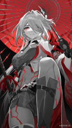  1girl absurdres acheron_(honkai:_star_rail) artist_name asymmetrical_legwear bandaged_leg bandages belt black_belt black_choker black_gloves black_shorts blood bloody_tears body_markings boots breasts choker closed_mouth coat coattails commentary_request cowboy_shot criss-cross_halter diamond-shaped_pupils diamond_(shape) eyes_visible_through_hair eyeshadow from_below gloves hair_between_eyes hair_intakes hair_over_one_eye halterneck highres holding holding_sword holding_umbrella holding_weapon honkai:_star_rail honkai_(series) knee_boots ling_san_le long_hair looking_at_viewer makeup medium_breasts midriff monochrome navel oil-paper_umbrella red_eyes red_eyeshadow red_theme shorts single_glove single_knee_boot single_thigh_boot solo spot_color sword symbol-shaped_pupils thigh_boots umbrella very_long_hair weapon white_coat white_hair 