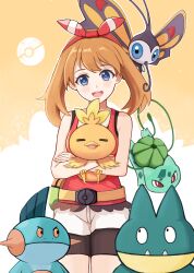 1girl :d absurdres beautifly bike_shorts blue_eyes blush bow_hairband bulbasaur commentary_request creatures_(company) fanny_pack game_freak gen_1_pokemon gen_3_pokemon gen_4_pokemon hairband highres holding holding_pokemon hxf19980102 marshtomp may_(pokemon) medium_hair munchlax nintendo open_mouth poke_ball_symbol pokemon pokemon_(creature) pokemon_oras red_hairband shirt shorts sleeveless sleeveless_shirt smile torchic white_shorts yellow_bag