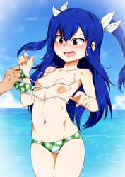  1boy 1girl bikini unworn_bikini_top blue_hair blush breasts brown_eyes convenient_censoring cowboy_shot day fairy_tail flying_sweatdrops hair_between_eyes hair_ribbon highres jcm2 loli long_hair looking_at_viewer navel nose_blush ocean open_mouth outdoors plaid plaid_bikini ribbon sidelocks small_breasts solo_focus sparkle swimsuit tears two_side_up water wendy_marvell white_ribbon  rating:Questionable score:406 user:danbooru