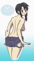  1girl ass azumanga_daiou back backboob black_eyes black_hair blush breasts butt_crack competition_swimsuit kurosawa_minamo looking_at_viewer looking_back medium_breasts one-piece_swimsuit short_hair solo swimsuit tongue tongue_out undressing  rating:Questionable score:5 user:Okster