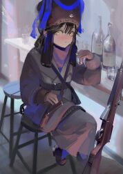  1girl absurdres alcohol arm_support bar_(place) belt black_hair blurry blush bottle coat cup drinking_glass fur_hat gun hat hat_ribbon highres holding holding_cup indoors knife long_hair looking_at_viewer military original polilla pouch ribbon rifle scarf shot_glass sidelocks sitting sks smile soldier solo stool ushanka weapon winter_clothes winter_coat winter_uniform yellow_eyes 