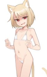  1girl animal_ears bikini blonde_hair borrowed_character cat_ears cat_tail fang female_focus flat_chest loli looking_at_viewer micro_bikini navel open_mouth original red_eyes short_hair simple_background smile solo standing swimsuit tail white_background white_bikini yeun  rating:Questionable score:257 user:danbooru