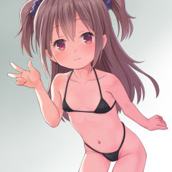 1girl bikini black_bikini brown_hair closed_mouth collarbone commentary_request fang flat_chest gradient_background grey_background loli long_hair looking_at_viewer meow_(nekodenki) micro_bikini navel original skin_fang solo swimsuit two_side_up w rating:Questionable score:106 user:danbooru