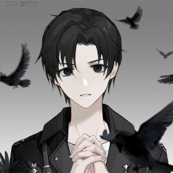  1boy bird black_eyes black_hair black_jacket character_request chinese_commentary collarbone collared_jacket commentary_request crow empty_eyes fingernails furrowed_brow gradient_background grey_background highres interlocked_fingers jacket leather leather_jacket light_frown male_focus medal own_hands_clasped own_hands_together parted_bangs parted_lips qian_linlin real_life shirt short_hair simple_background snow_man_(jpop) solo straight-on teeth upper_body white_shirt 