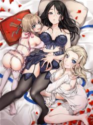 3girls age_difference all_fours arm_support ass bare_shoulders bed black_hair black_legwear black_panties blonde_hair blue_eyes blush breasts butt_crack clara_(girls_und_panzer) cleavage closed_mouth collarbone fang garter_belt garter_straps girls_und_panzer highres katyusha_(girls_und_panzer) large_breasts lingerie loli long_hair looking_at_viewer looking_up lying multiple_girls navel negligee nonna_(girls_und_panzer) on_back on_bed onee-loli open_mouth panties petals pillow pink_panties rose_petals short_hair shoulder_blades sitting small_breasts smile tarou_(komekueyo) thighhighs underwear white_legwear yuri rating:Questionable score:60 user:danbooru