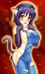  1girl animal_ears baozi breasts cat_ears cat_tail detached_sleeves eating food hat highres ishida_hiroyuki large_breasts naked_overalls original overalls purple_hair sideboob solo tail torn_clothes yellow_eyes  rating:Questionable score:39 user:danbooru