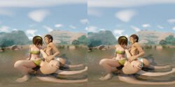  2girls 3d absurdres artist_name ass ass_grab avatar:_the_last_airbender avatar_legends barefoot bikini black_hair blue_eyes blue_sky breasts brown_hair cloud commentary dark-skinned_female dark_skin english_commentary green_bikini green_hairband green_tube_top hairband half-closed_eyes highres holding_another&#039;s_wrist katara kneeling large_breasts long_hair looking_down mountain multiple_girls navel outdoors paid_reward_available panorama partially_submerged pond queen_complex sideboob sky small_breasts stereogram strapless surprised swimsuit thighs toes toph_bei_fong tree tube_top watermark web_address wet white_bikini yuri 