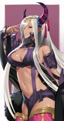  1girl absurdres asymmetrical_horns bare_shoulders blush breasts cleavage commentary cowboy_shot detached_sleeves dragon_girl fire_emblem fire_emblem_engage grey_hair grey_horns hair_ornament hair_over_one_eye highres horns large_breasts long_hair looking_at_viewer mature_female midriff navel nintendo parted_lips pointy_ears purple_eyes purple_ribbon ribbon shou_illust simple_background smile solo standing stomach tan tassel tassel_hair_ornament thighs uneven_horns very_long_hair zephia_(fire_emblem)  rating:Sensitive score:41 user:danbooru