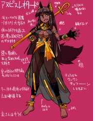  animal_ears anklet anubis_(mythology) armlet arrow_(symbol) athletic_leotard bare_shoulders barefoot breasts brown_hair center_opening character_profile character_request cleavage commentary_request dark-skinned_female dark_skin egyptian egyptian_clothes fantasy fingerless_gloves gloves gold gold_anklet gold_bracelet gold_ring gold_trim highres holding holding_staff jackal_ears jackal_girl jackal_tail jewelry large_breasts leotard multiple_anklets multiple_bracelets nail_polish open_mouth original pink_background pink_eyes revealing_clothes ring see-through see-through_skirt shiny_skin skirt smile staff toenail_polish toenails translation_request zasshu_nigou 