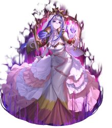  1girl attack aura blue_eyes blue_hair breasts cleavage crown dark_aura dragonstone dress fire_emblem fire_emblem_engage fire_emblem_heroes frilled_dress frills glowing highres large_breasts long_dress long_hair lumera_(fire_emblem) nintendo non-web_source official_art smile solo undead white_background white_dress 
