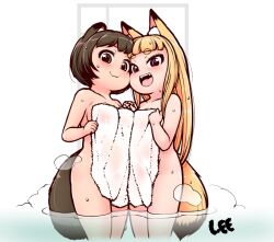  2girls animal_ear_fluff animal_ears artist_name blonde_hair breasts brown_eyes brown_hair cheek-to-cheek covering_body covering_breasts covering_privates face-to-face fox_ears fox_girl fox_tail heads_together holding_hands komugi_(lee) lee_(colt) loli long_hair looking_at_viewer miku_(lee) multiple_girls naked_towel nude onsen open_mouth original pink_eyes raccoon_ears raccoon_girl raccoon_tail short_hair smile steam tail thighs towel wading water white_towel 