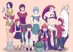  6+girls ayanami_rei bandana belt black_cape black_dress black_gloves black_hair black_shirt blonde_hair blue_footwear blue_hair blue_skirt blunt_bangs bow brown_eyes brown_hair bulbasaur cape chinese_clothes commentary_request cowboy_bebop creatures_(company) crossover dress earrings faye_valentine game_freak gen_1_pokemon glasses gloves green_pants grey_gloves haibara_ai hand_on_own_hip hands_in_pockets hayashibara_megumi hello_kitty hello_kitty_(character) highres holding holding_water_gun jacket jessie_(pokemon) jewelry kyouyama_anna lab_coat lina_inverse long_hair meitantei_conan miyano_elena multiple_crossover multiple_girls navel necklace neon_genesis_evangelion nintendo pants paprika paprika_(character) pointing pokemon pokemon_(anime) pokemon_(classic_anime) pokemon_(creature) ranma-chan ranma_1/2 red_bandana red_bow red_eyes red_jacket red_pants red_ribbon red_shirt ribbon sandals sanrio school_uniform shaman_king shirt shoes short_hair short_sleeves shorts skirt slayers smile sneakers sooma4869 squatting thighhighs tokyo-3_middle_school_uniform voice_actor_connection water_gun white_belt white_footwear white_shirt white_skirt yellow_jacket yellow_shorts 