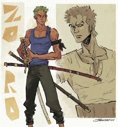  1boy artist_name bandana_around_arm blue_tank_top commentary earrings english_commentary feet_out_of_frame green_hair haramaki highres jamisonrivv jewelry katana looking_to_the_side male_focus multiple_views one_piece roronoa_zoro shirt short_hair sideburns solo sword tank_top v-shaped_eyebrows weapon 