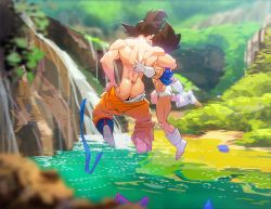 2boys absurdres age_difference arm_around_shoulder ass bad_id bad_pixiv_id blurry boots briefs brown_hair clothes_lift unworn_clothes depth_of_field dragon_ball dragonball_z facing_away gloves grass highres jumping leaf male_focus male_underwear multiple_boys muscular no_pants outdoors plant pond shirt_lift size_difference son_goku spiked_hair supobi underwear vegeta water waterfall white_male_underwear rating:Questionable score:16 user:danbooru