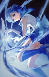  1girl absurdres back_bow bishoujo_senshi_sailor_moon blue_background blue_bow blue_choker blue_eyes blue_footwear blue_hair blue_sailor_collar blue_skirt blue_theme boots bow choker eclosion elbow_gloves gloves harp highres hydrokinesis instrument knee_boots looking_at_viewer looking_back magical_girl mercury_harp mizuno_ami pleated_skirt sailor_collar sailor_mercury sailor_senshi_uniform short_hair skirt solo super_sailor_mercury water white_gloves 