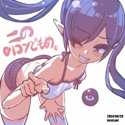  1girl backbeako_(torotei) backbeard bent_over black_hair black_shorts blush breasts camisole collarbone commentary dated dated_commentary gegege_no_kitarou grin hair_over_one_eye kono_lolicon_domome loli long_hair looking_at_viewer micro_shorts one_eye_closed original paid_reward_available pointing pointing_at_viewer pointy_ears red_eyes shorts simple_background skindentation small_breasts smile solo striped_clothes striped_thighhighs thighhighs torotei translated twintails watermark web_address white_background white_camisole 