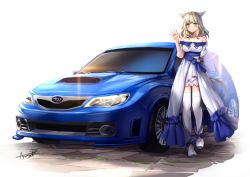 1girl animal_ears aruma_jiki bare_shoulders blonde_hair car cat_ears cat_tail commentary_request dress final_fantasy final_fantasy_xiv long_hair miqo&#039;te motor_vehicle simple_background slit_pupils solo tail thighhighs white_background yellow_eyes 
