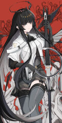  1girl absurdres adesu_(gekkahyouzin) arknights ascot black_ascot black_hair black_halo black_pouch bow_(music) broken_halo cello collared_jacket dark_halo detached_wings energy_wings halo highres hime_cut holding holding_bow_(music) instrument jacket lace lace-trimmed_thighhighs layered_sleeves long_hair looking_at_viewer short-sleeved_jacket short_sleeves smile strap thighhighs virtuosa_(arknights) wings 
