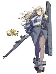  1girl belt black_jacket black_necktie black_pantyhose black_skirt blonde_hair bomber_jacket breasts character_name closed_mouth collared_shirt commentary_request dress_shirt full_body grey_eyes gun highres holding holding_gun holding_weapon hornet_(kancolle) jacket kantai_collection large_breasts long_hair necktie open_clothes open_jacket oso_(toolate) pantyhose pencil_skirt rigging shirt simple_background sketch skirt solo wasp weapon weapon_case white_shirt 
