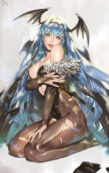  1girl bare_shoulders bat_wings blue_eyes blue_hair braveking breasts bridal_gauntlets cleavage clothing_cutout demon_girl fur_trim head_wings heart_cutout highres holding_own_arm large_breasts leotard long_hair looking_at_viewer low_wings morrigan_aensland pantyhose parted_lips red_lips seiza sitting solo torn_clothes torn_pantyhose vampire_(game) very_long_hair wings 