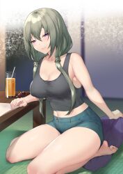  1girl bare_shoulders barefoot blush breasts candy cleavage commentary_request covered_erect_nipples cup drinking_glass drinking_straw food green_hair hair_between_eyes highres itohana long_hair looking_at_viewer low_twintails navel original purple_eyes shorts sitting smile solo table tank_top tatami translation_request twintails wariza 