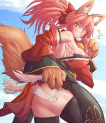  1girl animal_ear_fluff animal_ears animal_hands ass bell blush breasts cat_paws cloud cloudy_sky collar detached_sleeves eyebrows_hidden_by_hair fate/grand_order fate_(series) fox_ears fox_girl fox_tail highres large_breasts neck_bell pink_hair sky solo tail tamamo_(fate) tamamo_cat_(fate) zawa_(zawzawranran2)  rating:Sensitive score:8 user:danbooru