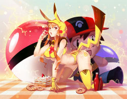  1girl all_fours animal_hood ash_ketchum bell bottle breasts brown_hair cake character_doll creatures_(company) food fruit game_freak gen_1_pokemon gloves hood jingle_bell karasu_kame_ex large_breasts ling0101 long_hair looking_at_viewer nintendo open_mouth panties personification pikachu poke_ball poke_ball_(basic) pokemon pokemon_(anime) red_eyes solo strawberry tail thighhighs underboob underwear yellow_gloves yellow_panties yellow_thighhighs  rating:Sensitive score:69 user:danbooru
